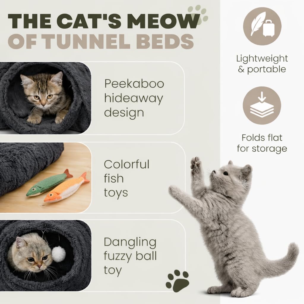 Collapsible pet tunnel folded down flat next to its matching gray travel storage bag