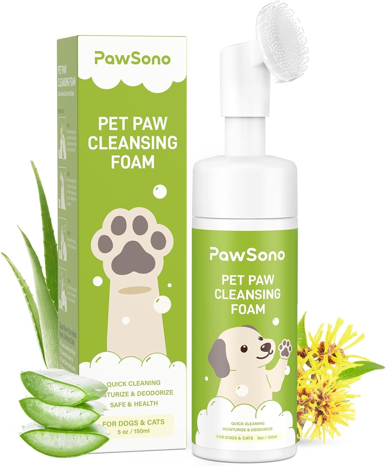PawSono no-rinse foaming pet paw cleaner with built-in scrubber