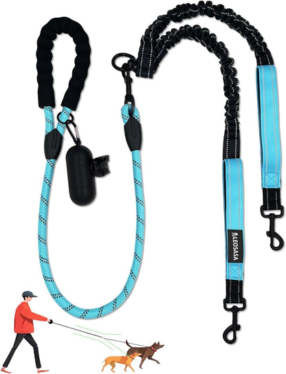Leosasa double dog leash blue front view showing the detachable main lead and no tangle swivel coupler.