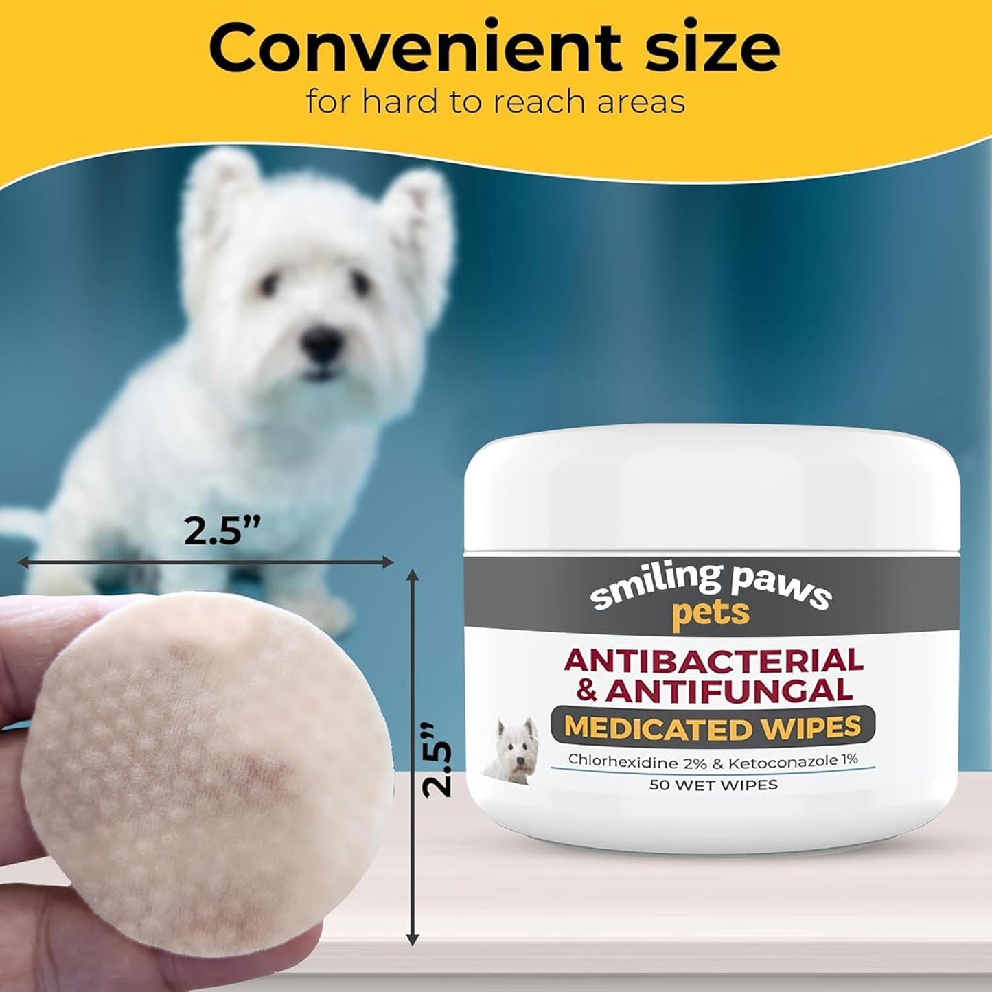Smiling Paws Pets medicated wipes showing texture and thickness for dog paw cleaning.