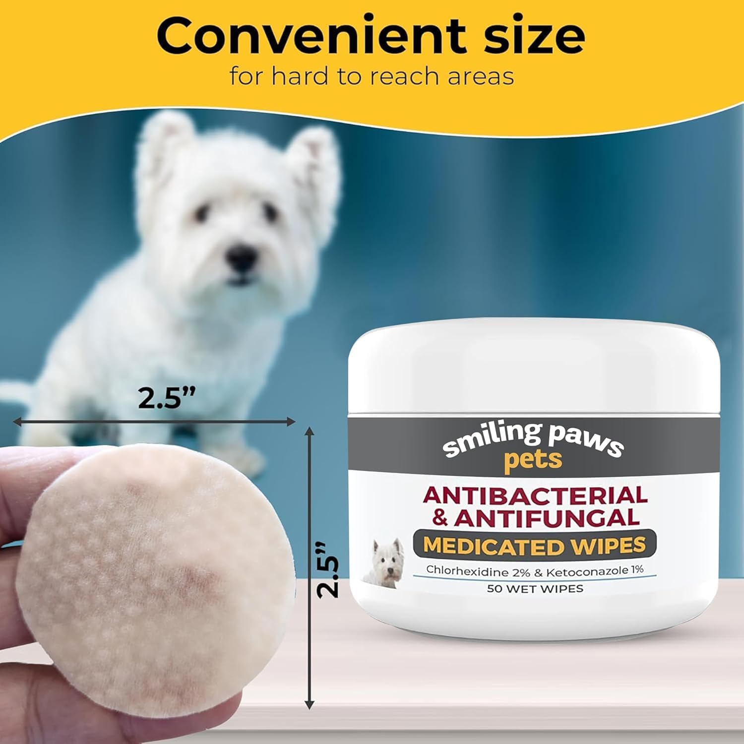 Smiling Paws Pets medicated wipes showing texture and thickness for dog paw cleaning.