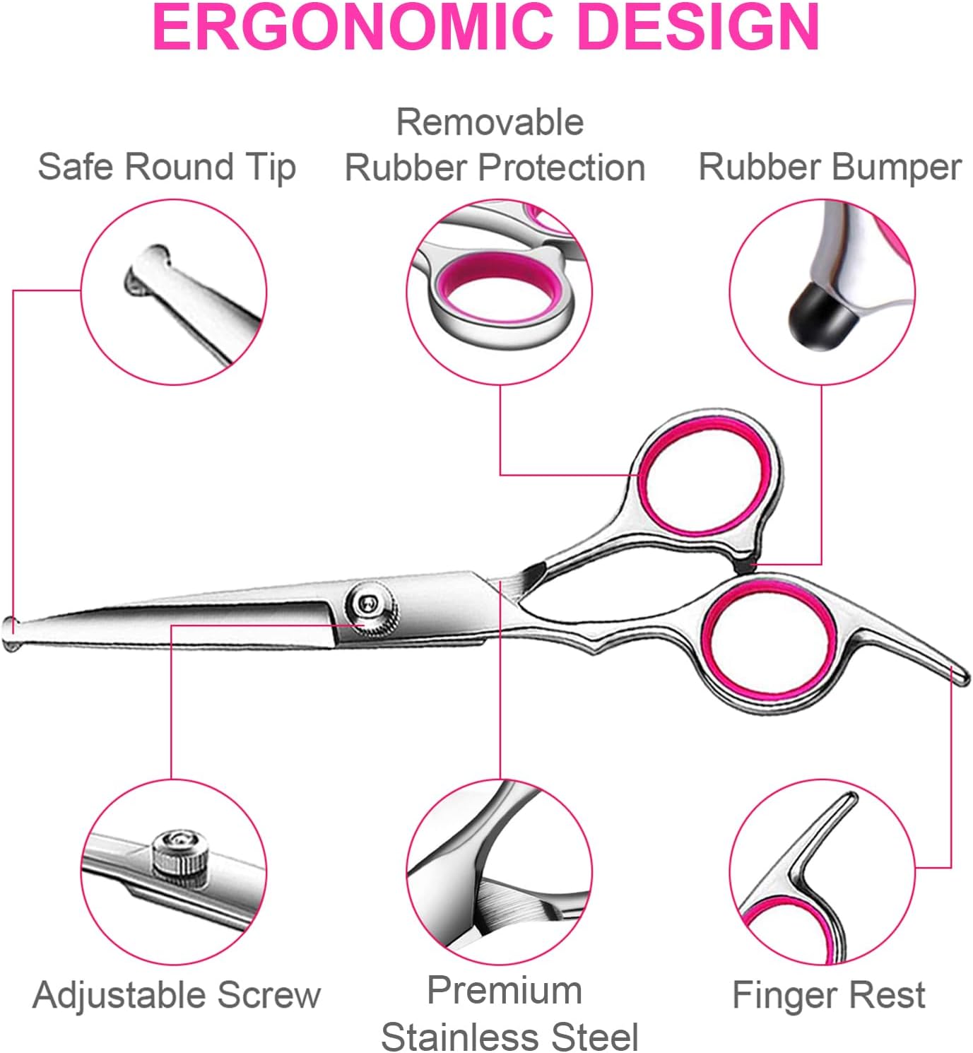 Close up view of the adjustable tension screw on professional stainless steel pet shears.