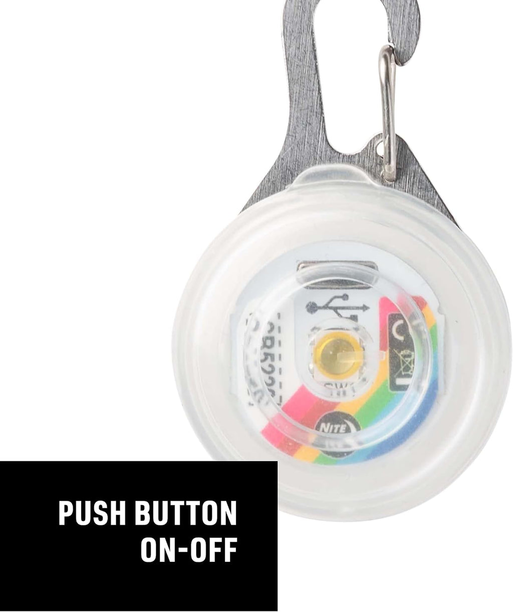 Nite Ize Disc-O Tech pet light cycling through multiple vibrant colors