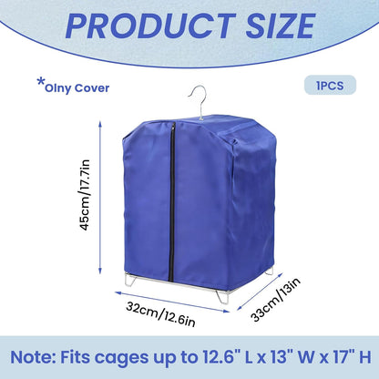 Blue blackout birdcage shield fitted over a small parrot cage close up view