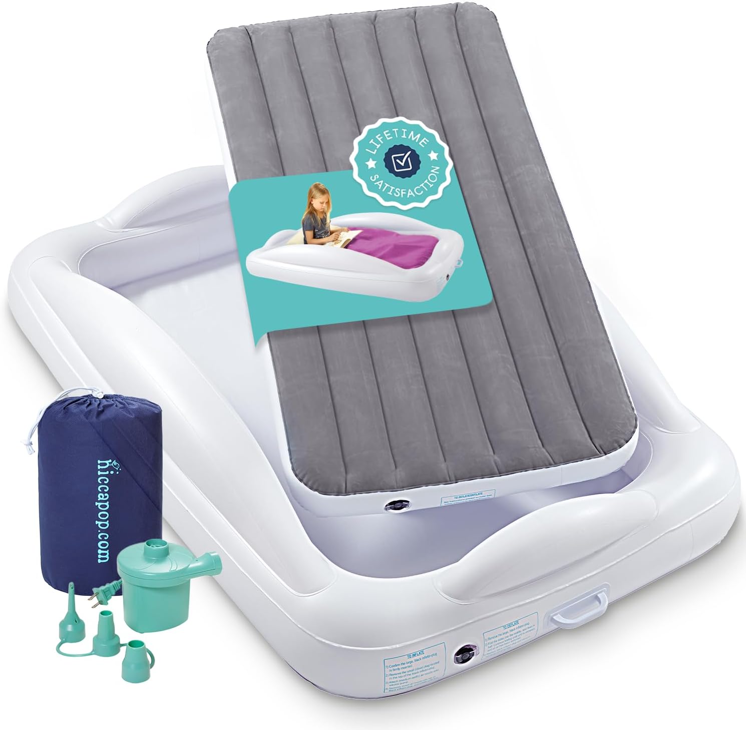 Hiccapop inflatable toddler travel bed grey color front view