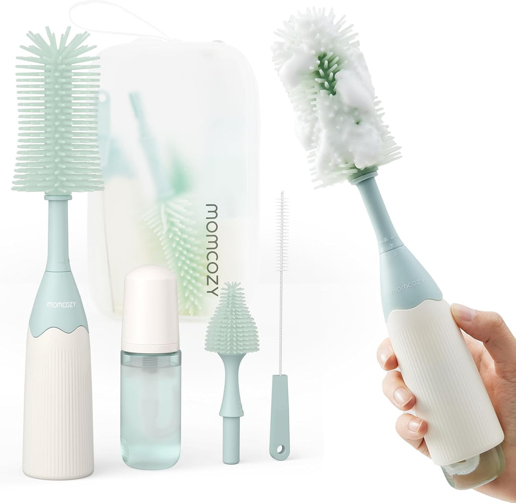 Momcozy bottle brush kit push-press green front view