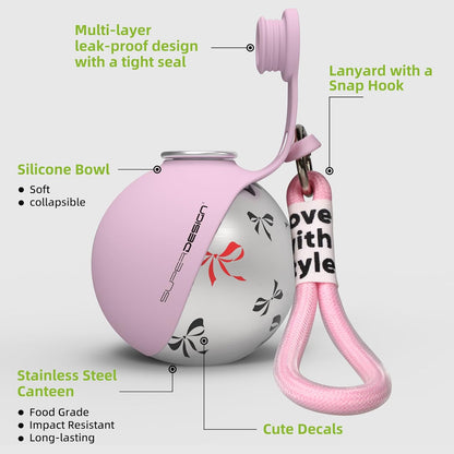 SuperDesign stainless steel travel pet flask with flipped out silicone bowl