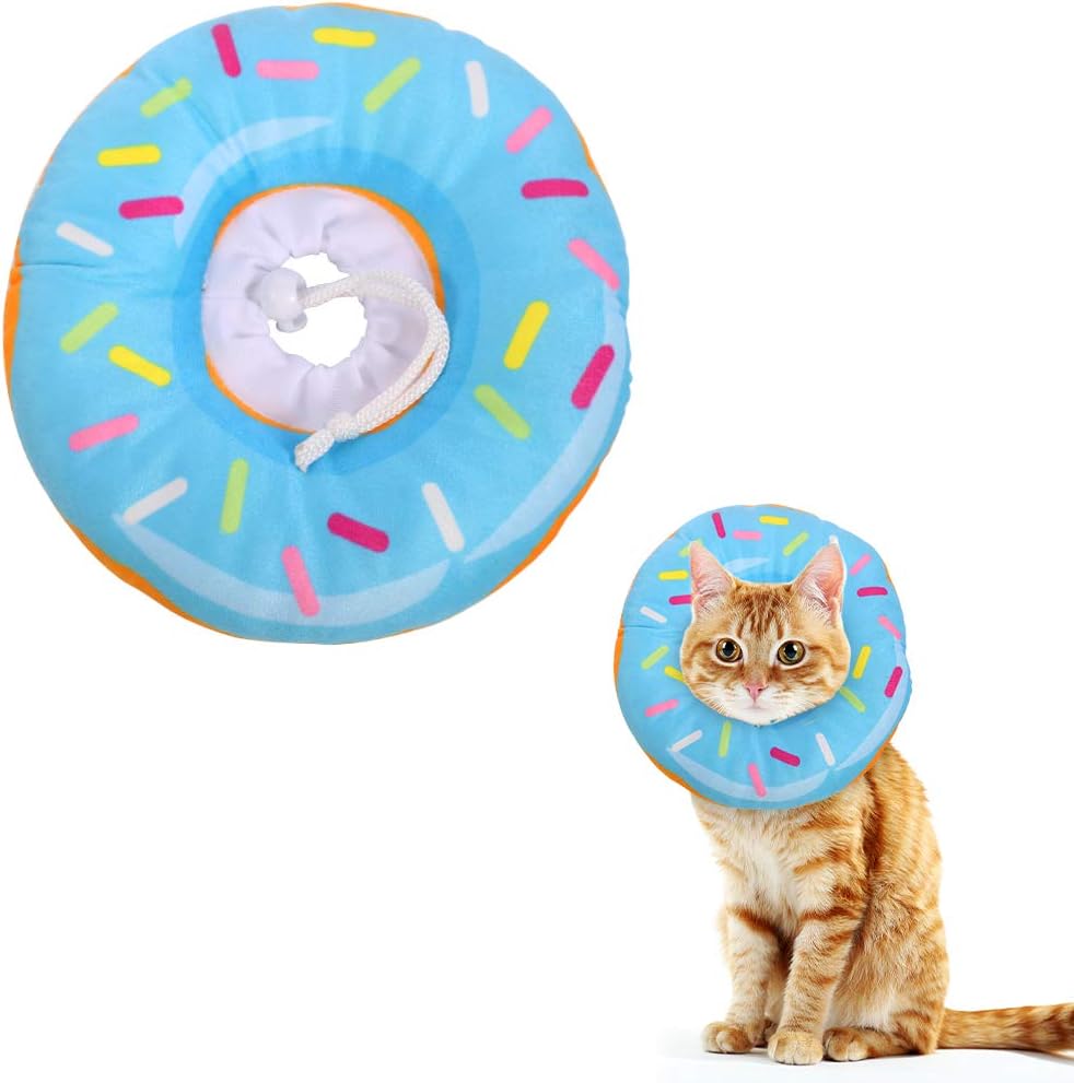 Friusate Soft Cat Recovery Collar front view showing the cute blue donut design with colorful sprinkles.