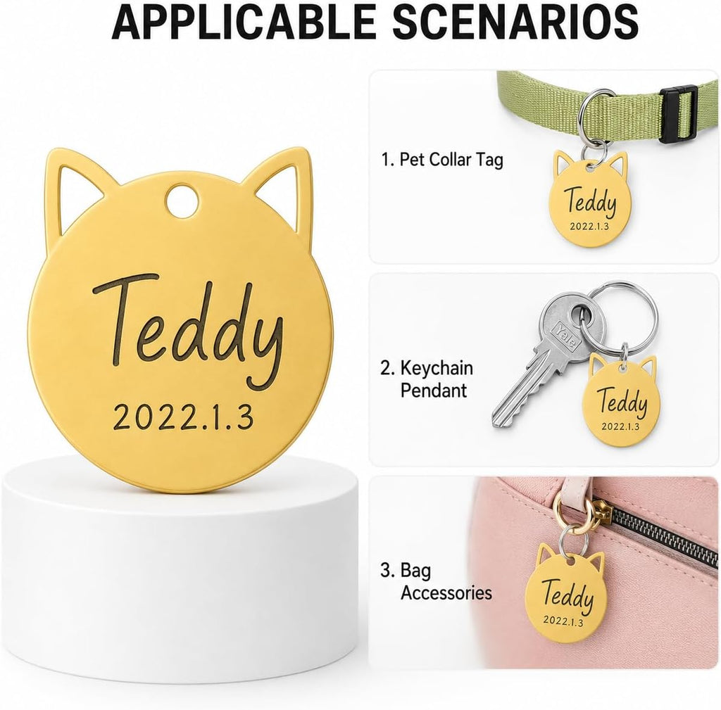 Custom stainless steel cat ear collar pendant with heavy duty split ring attachment hardware.