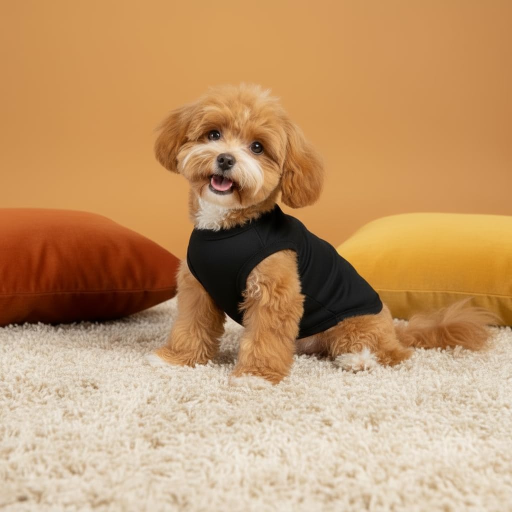 Side view of dog wearing black cotton t-shirt