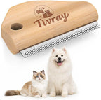 Tivray dog brush for shedding front view showing the smooth natural wooden handle.