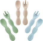 PandaEar 6 Pack Silicone Baby Spoons and Forks front view showcasing all six pastel-colored self-feeding utensils.