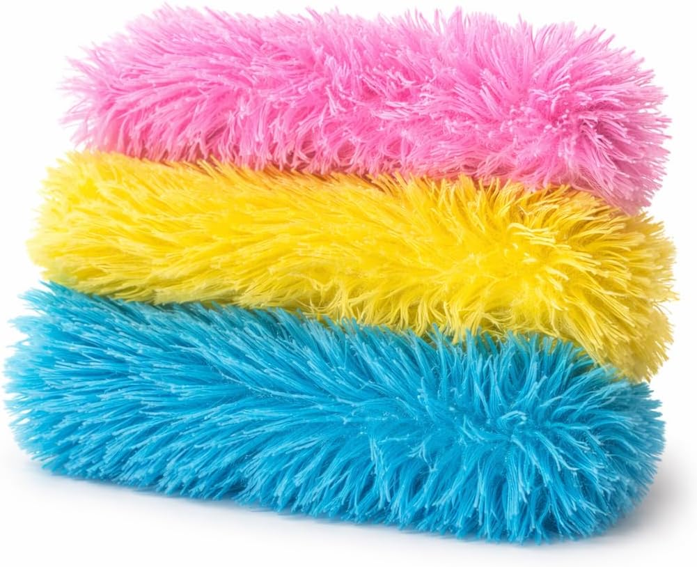 Three plush cat kicker toys in pink, yellow, and blue colors for indoor cats