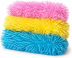 Three plush cat kicker toys in pink, yellow, and blue colors for indoor cats