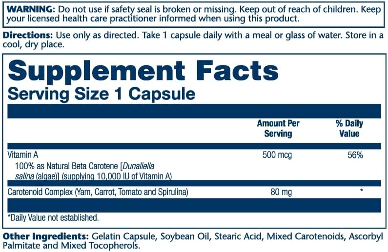 Solaray Food Carotene supplement packaging showing natural beta carotene ingredient facts