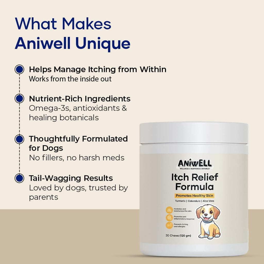 Authentic USA-imported dog skin allergy relief product containing turmeric and calendula for inflammation.