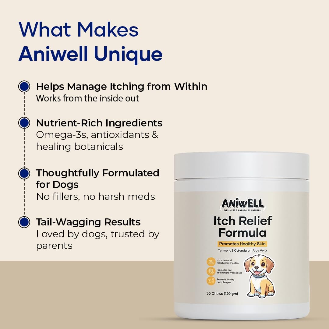 Authentic USA-imported dog skin allergy relief product containing turmeric and calendula for inflammation.