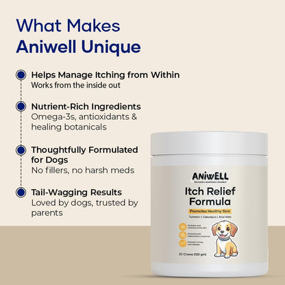 Authentic USA-imported dog skin allergy relief product containing turmeric and calendula for inflammation.