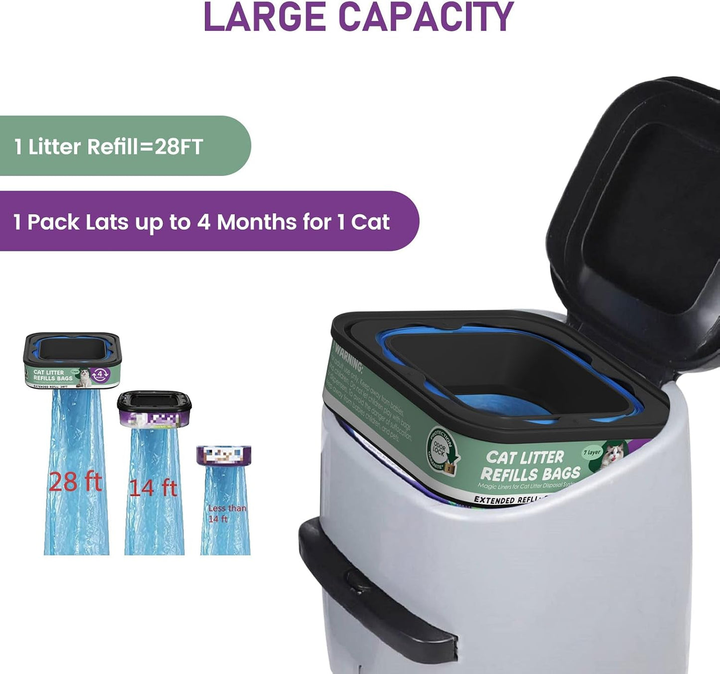 Lisyee cat litter replacement cartridges showing compatibility with standard and extra large pails.