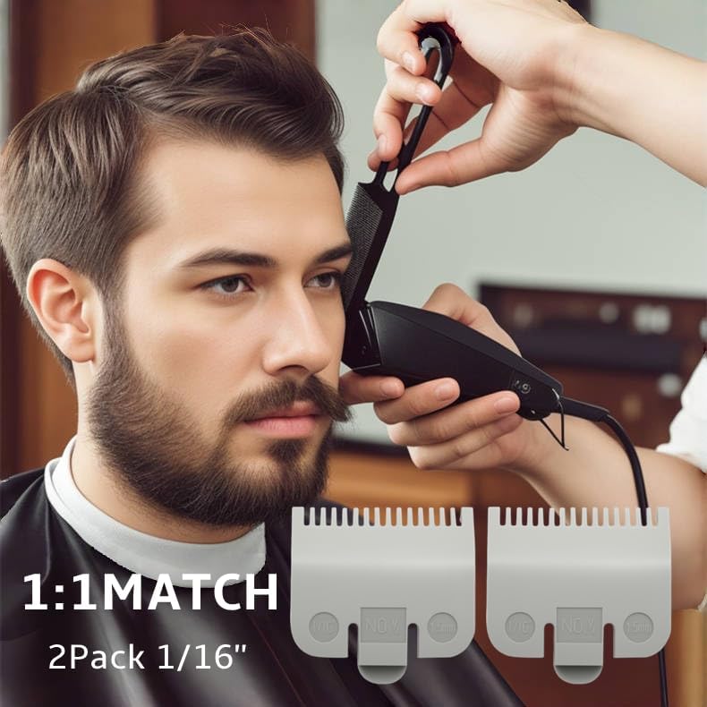 The two pack of grey hair clipper guard replacements arranged on a professional styling station mat