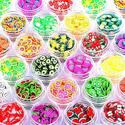 Detailed flat lay of twenty four different miniature fruit styles for cosmetics