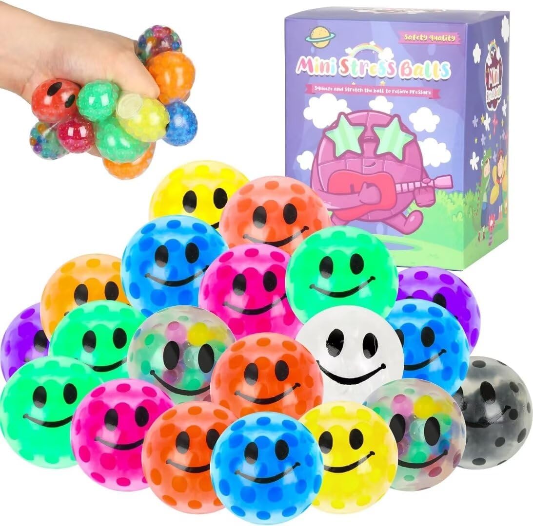 Chshhuao 20 Pack Mini Stress Balls Set showing colorful smiling face sensory fidget toys for stress relief.