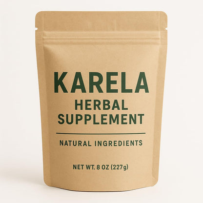Generic Karela Powder Eight Ounce package front view herbal bitter melon supplement for wellness.