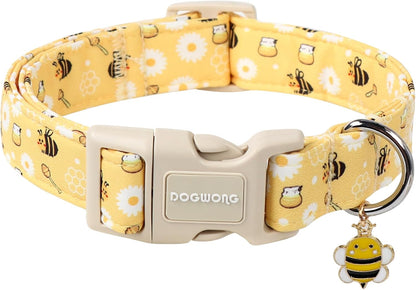 Dogwong yellow bee dog collar front view with floral pattern