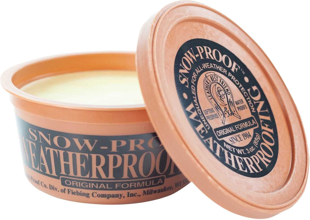 Fiebing's Snow Proof Original Weatherproofing Paste front view three ounce tub leather care cream