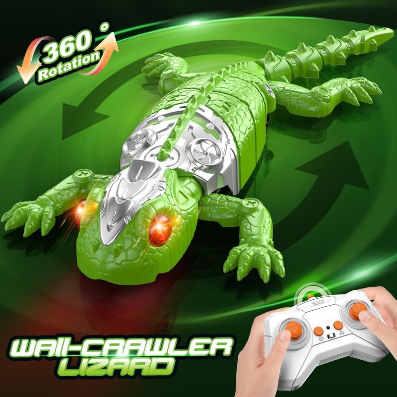 Green robotic wall climbing gecko with glowing red LED eyes