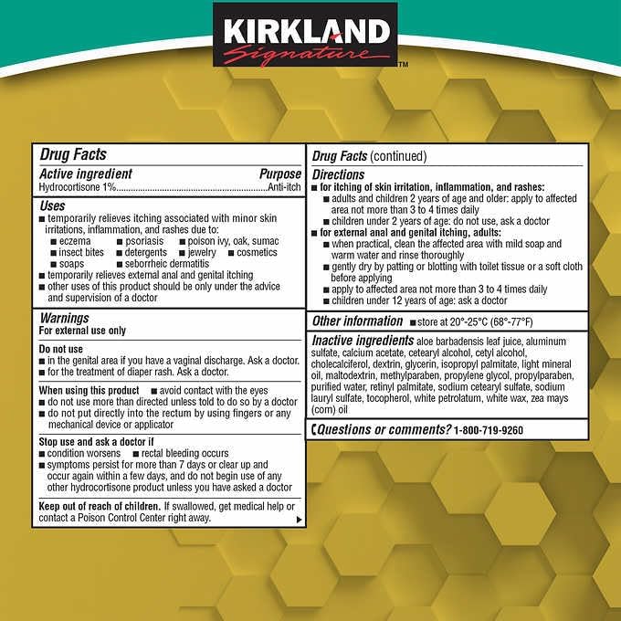 Kirkland 1 percent anti itch cream with aloe and moisturizers for eczema relief.