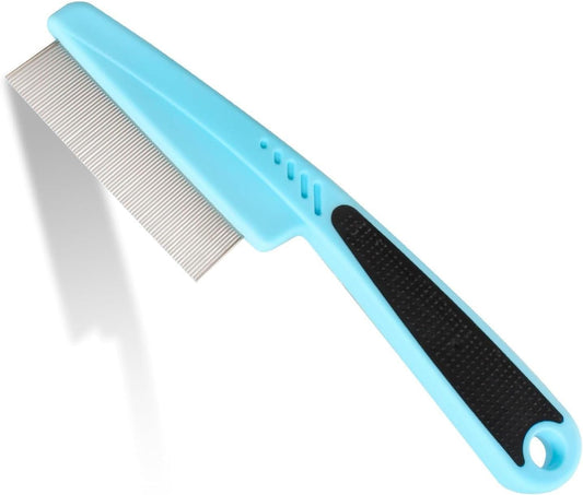 LLTGMV flea comb for dogs and cats front view showing blue rubber handle