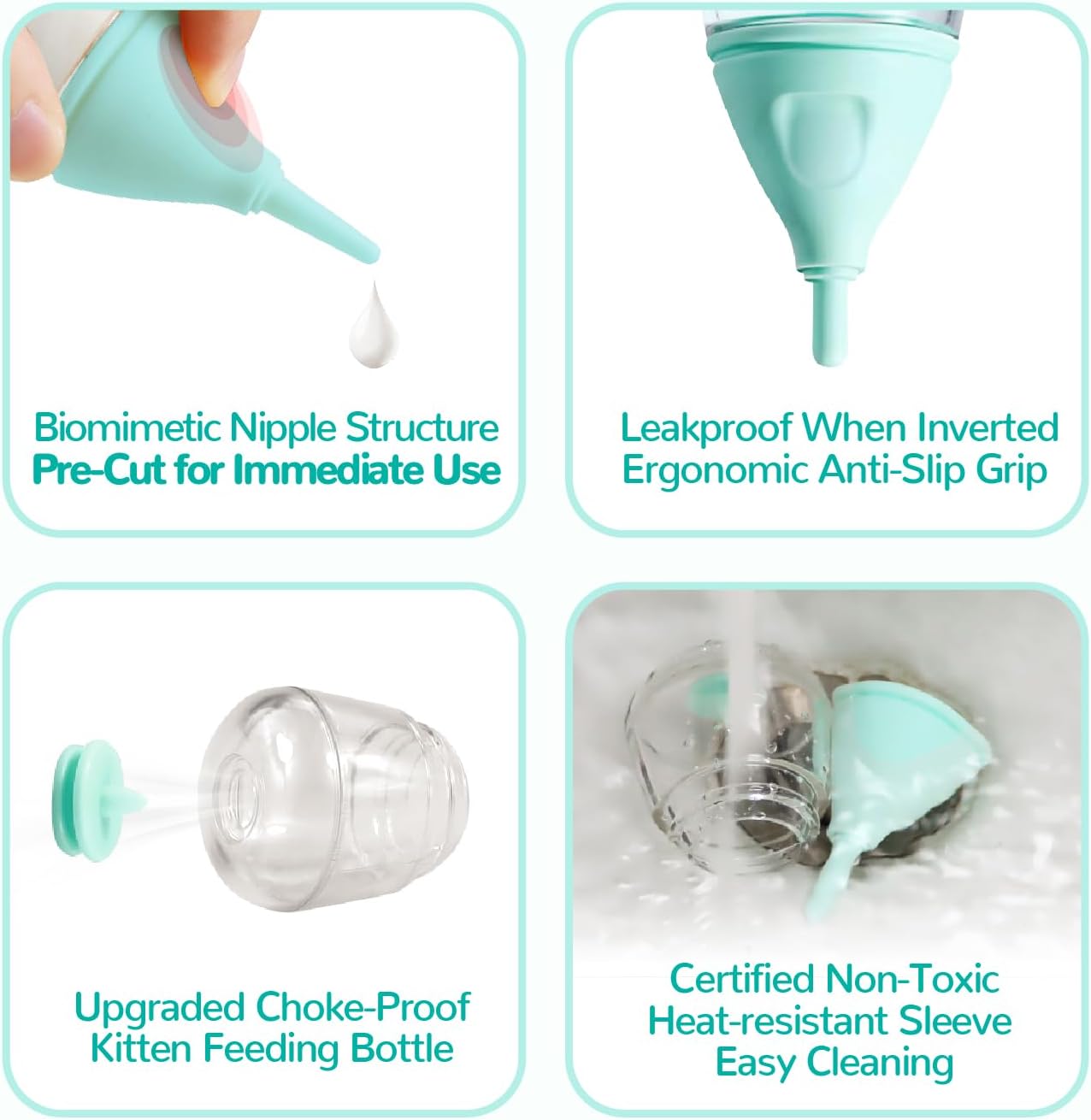 Close-up of the anti-choking slow-flow nipple on the Elevonix 40ml pet nursing bottle.