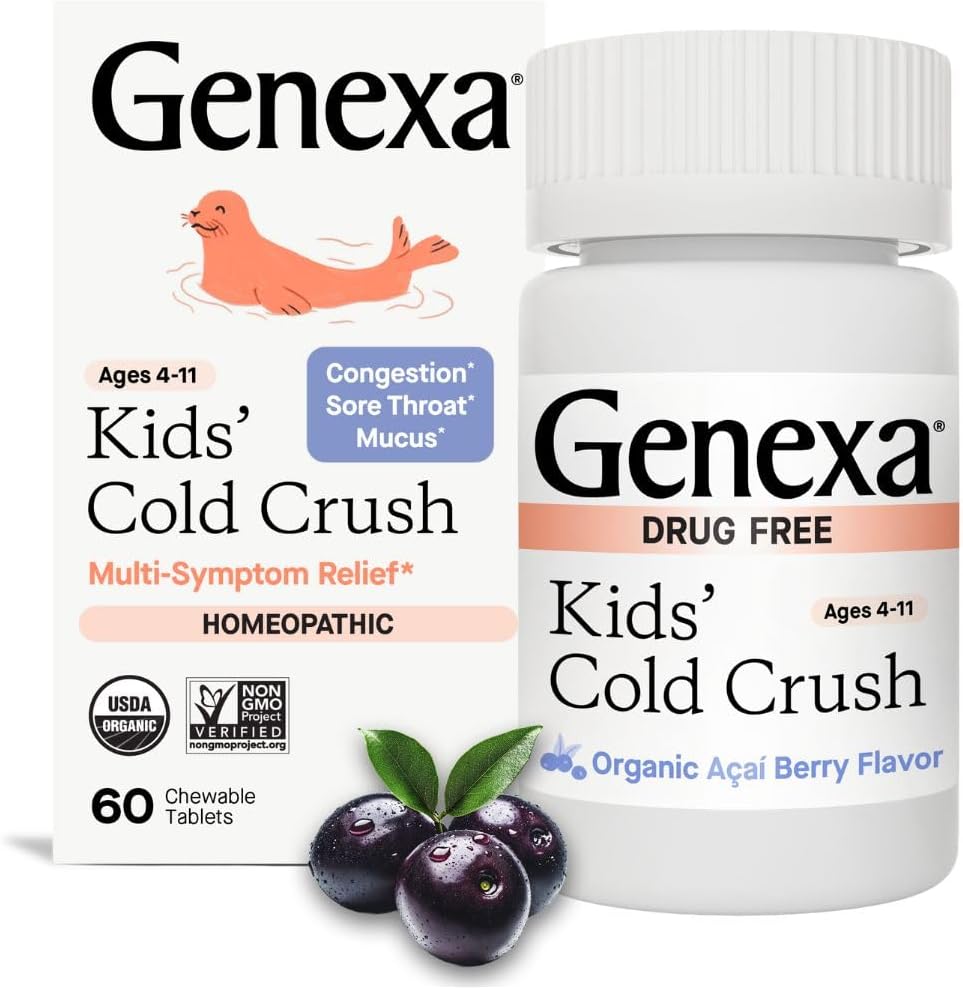 Genexa Kids Cold Crush 60 chewable tablets front view organic packaging
