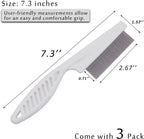 Three white Kopal pet combs showing stainless steel teeth