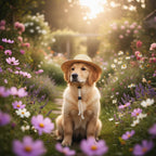 Side profile of small puppy wearing adjustable straw sunhat
