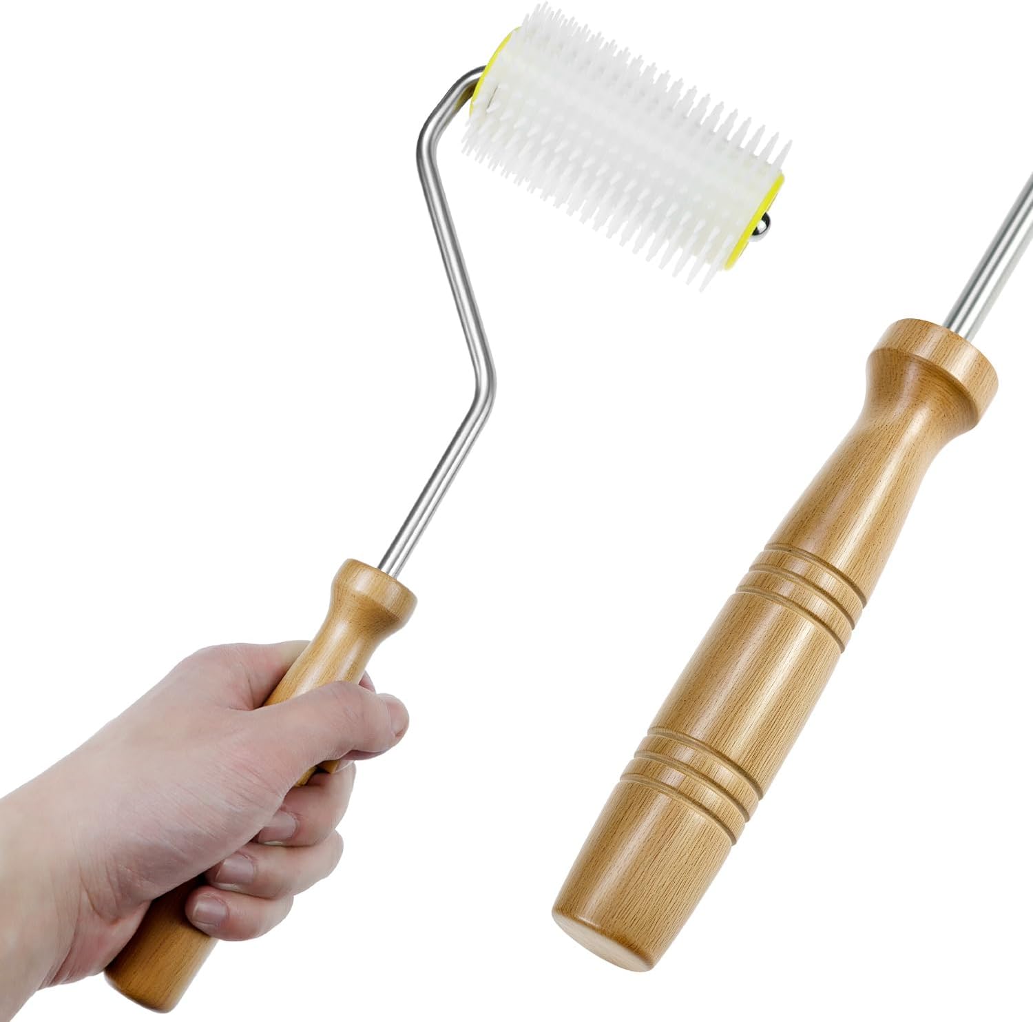 QWORK honey extraction tool being rolled over a honeycomb frame for perforation