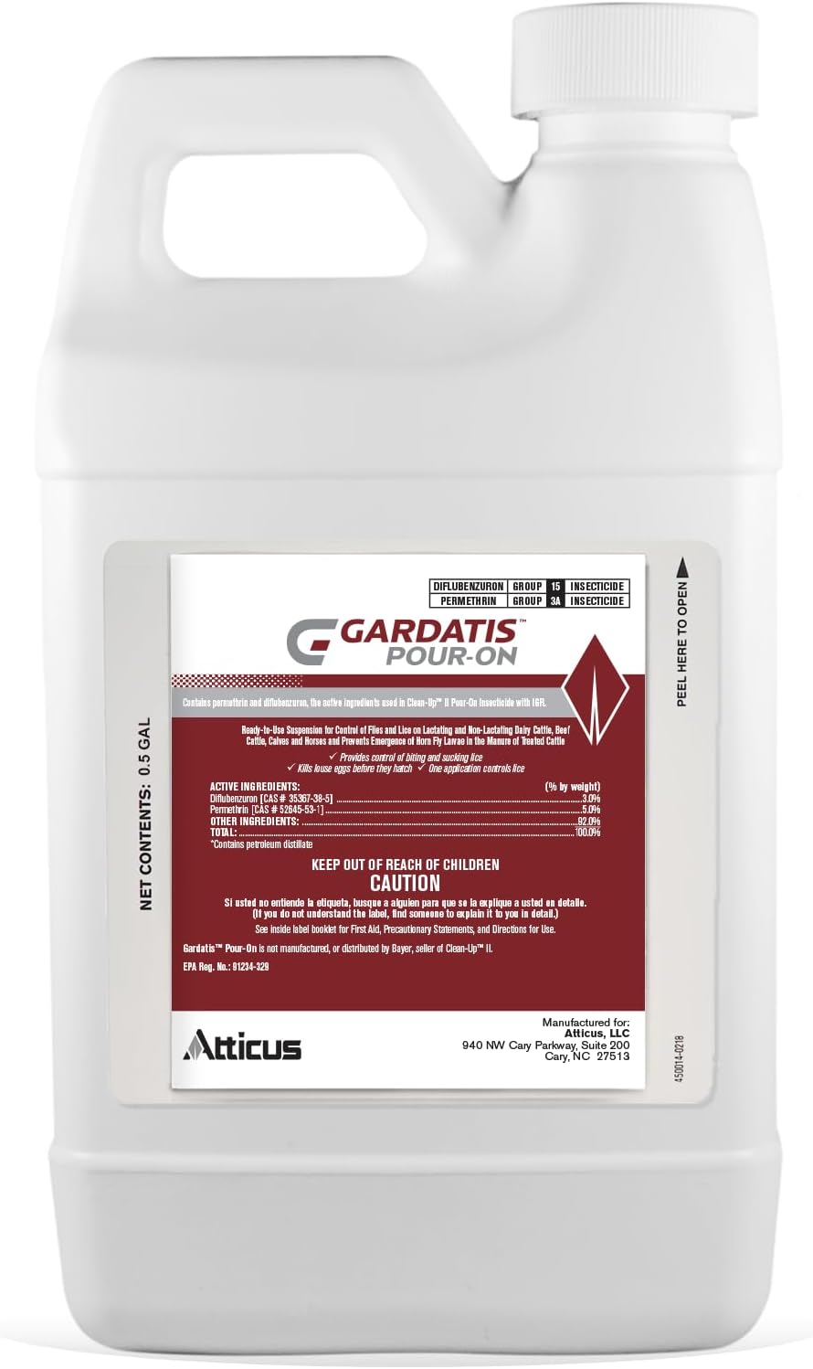 Atticus Gardatis Pour On Insecticide front view of half gallon container showing active ingredients
