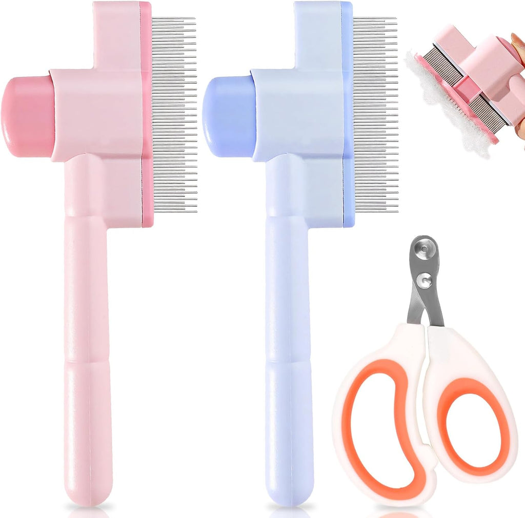 Auuyban three piece self cleaning pet flea comb grooming brush set front view