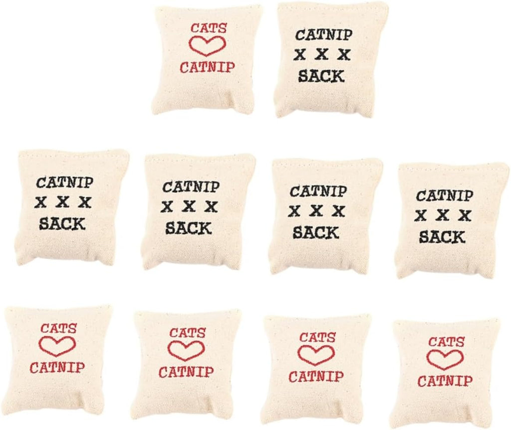 Toyvian canvas catnip cushions showing two distinct decorative sack designs