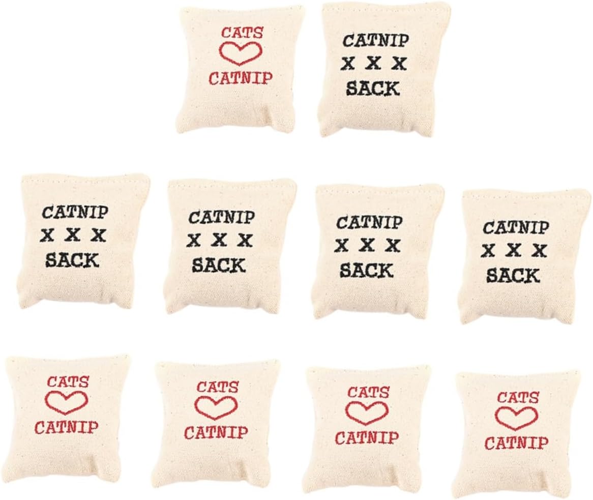 Toyvian canvas catnip cushions showing two distinct decorative sack designs