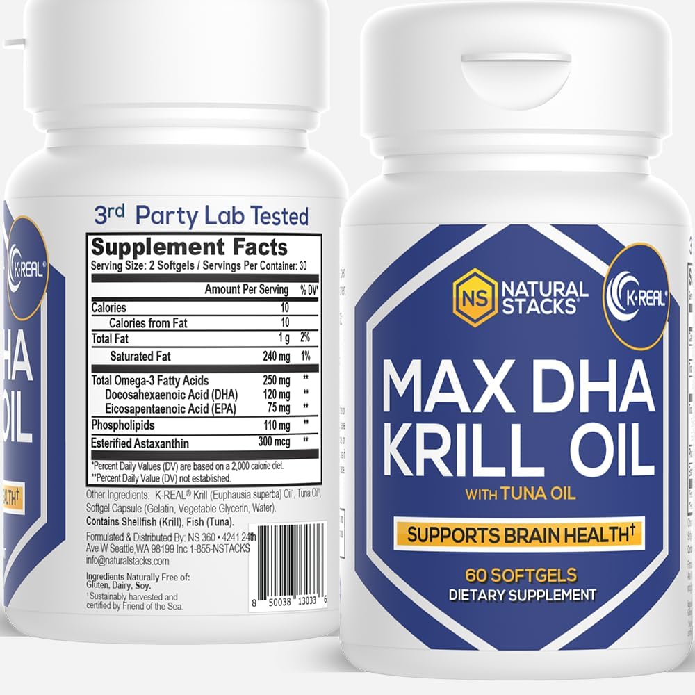 Natural Stacks Antarctic Krill Oil 60 softgels bottle front view highlighting omega 3 benefits.