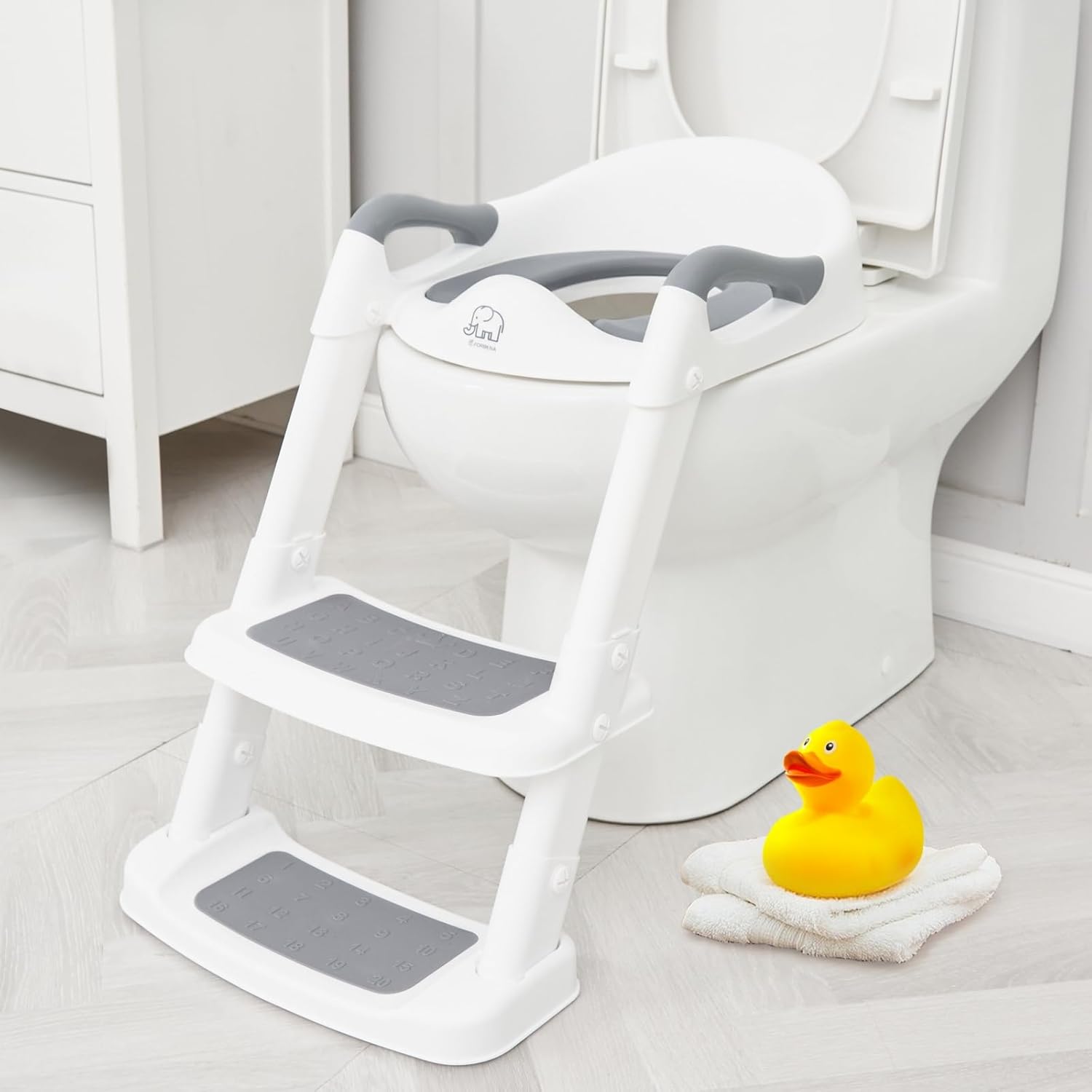 Forbena kids potty training toilet seat front view white and grey toddler ladder chair