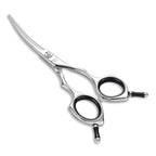 Hashimoto 5 inch small curved dog grooming scissors front view showing premium stainless steel blades