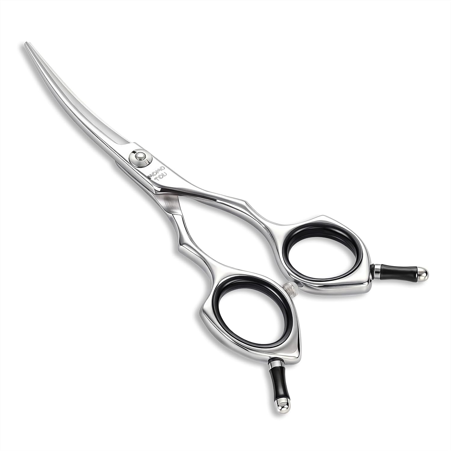 Hashimoto 5 inch small curved dog grooming scissors front view showing premium stainless steel blades