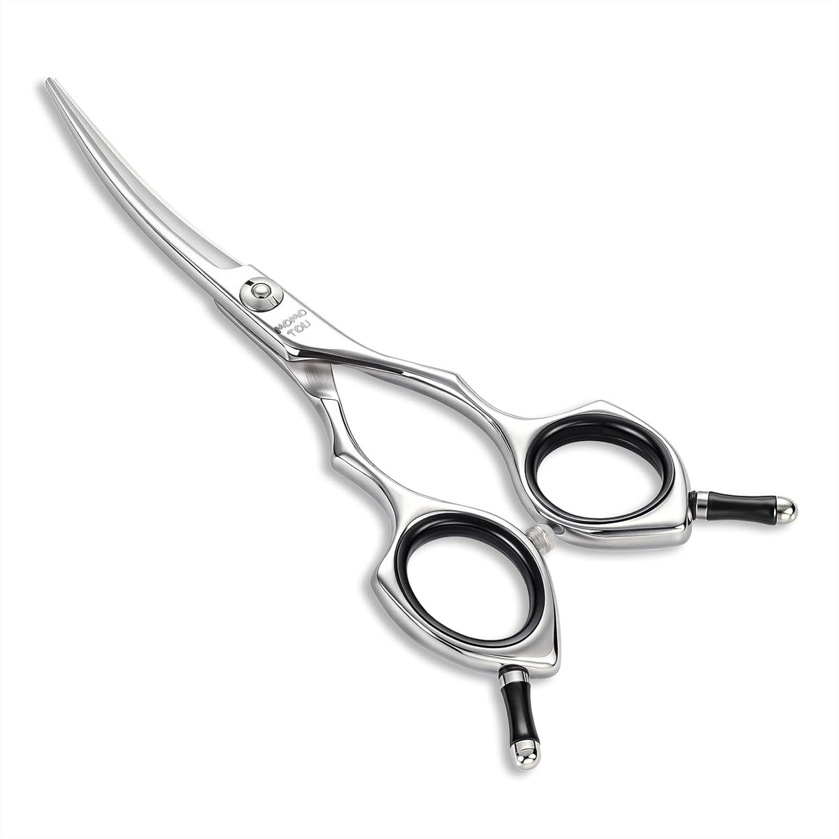 Hashimoto 5 inch small curved dog grooming scissors front view showing premium stainless steel blades