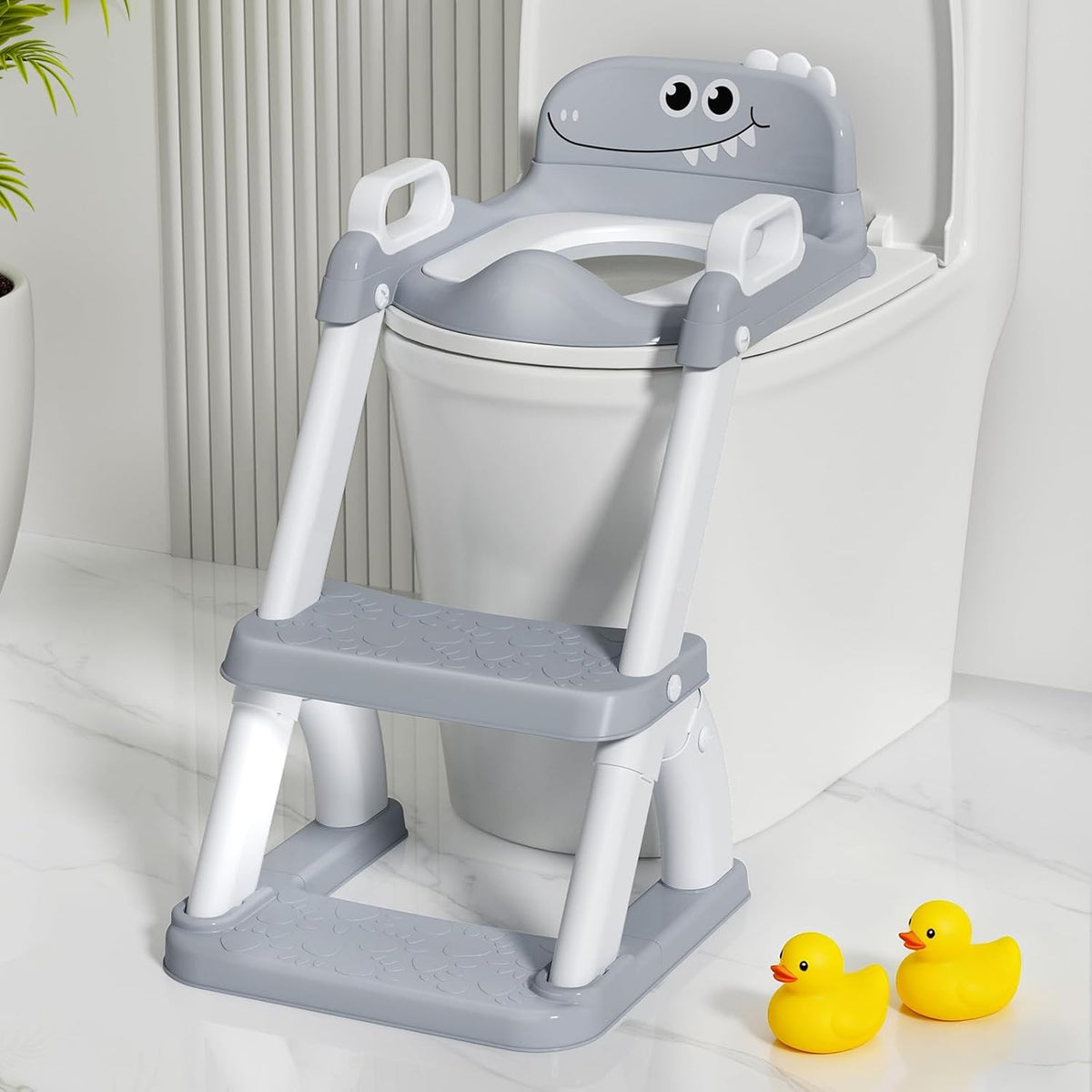 AJVV potty training seat front view with step stool ladder and two ducks