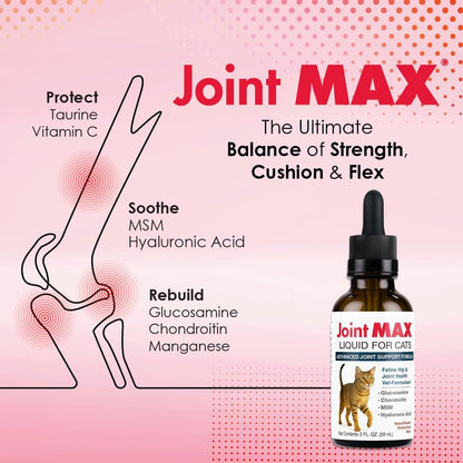 Close up of Joint Max liquid for cats chicken flavor bottle