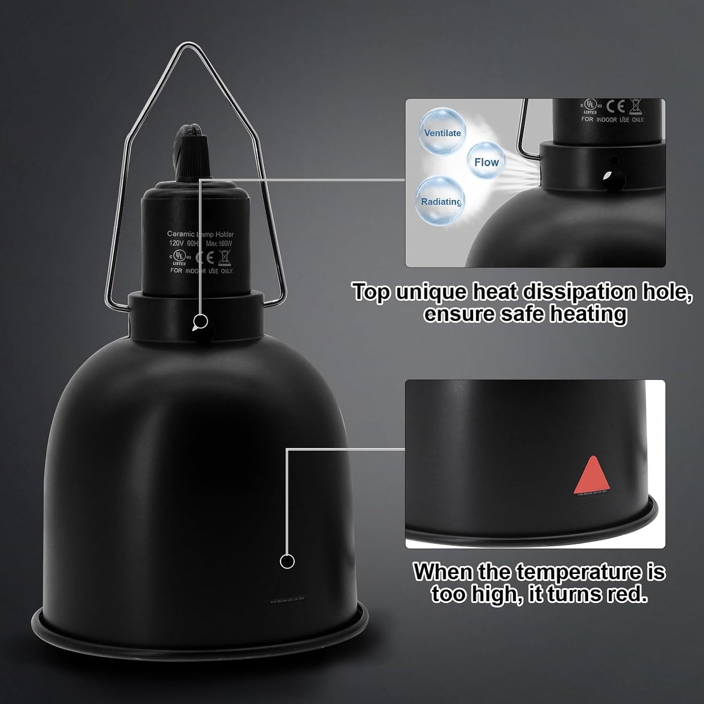 MECESOR deep dome terrarium lamp highlighting top air vents for heat dissipation
