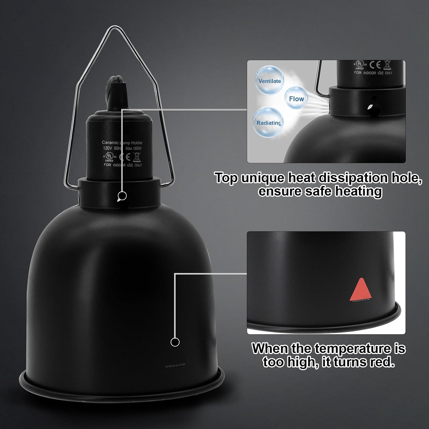 MECESOR deep dome terrarium lamp highlighting top air vents for heat dissipation